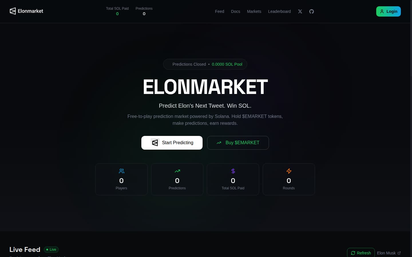 Elonmarket home page: “Predict Elon's Next Tweet. Win SOL.” with Start Predicting and Buy $EMARKET buttons and a stat row of players, predictions and rounds.