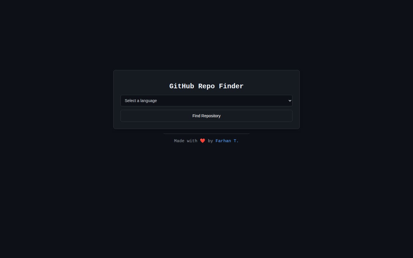 GitHub Repo Finder: a dark page with a language dropdown and a Find Repository button.