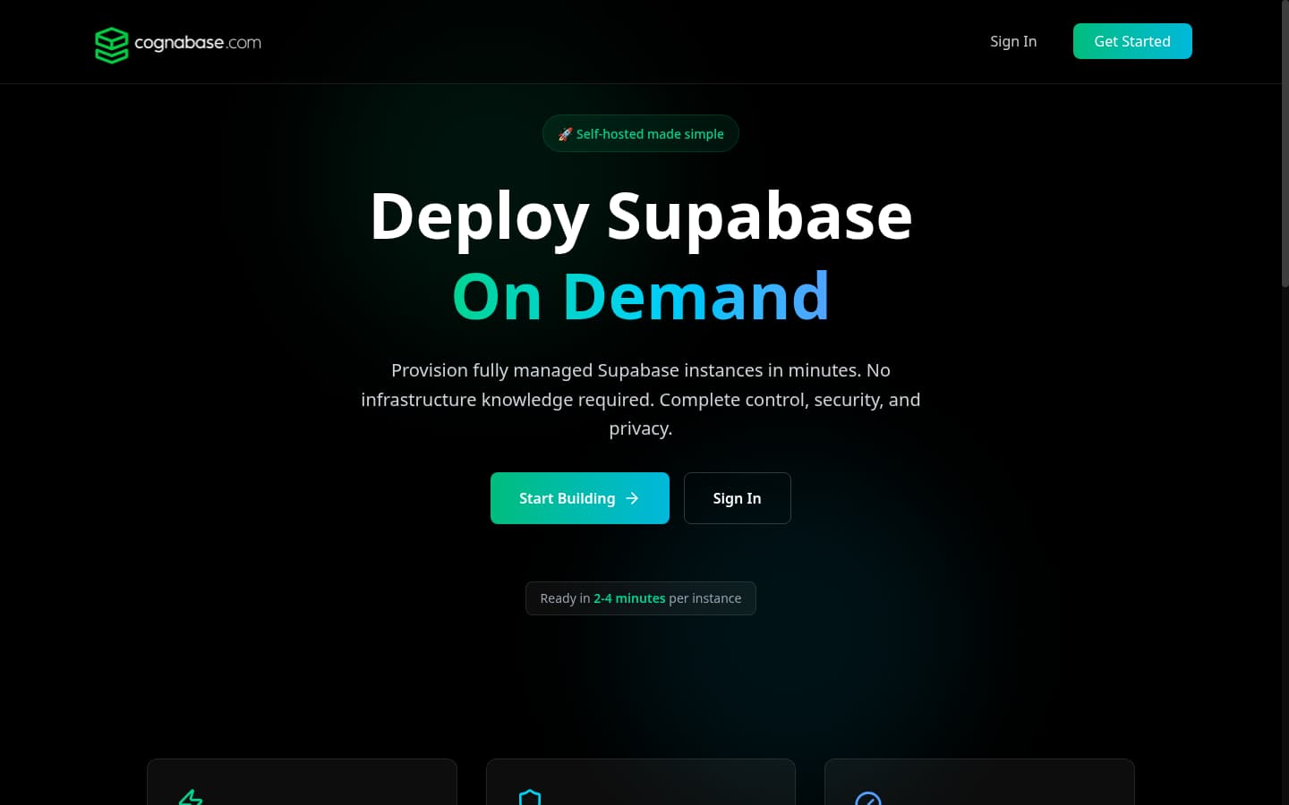 Cognabase landing page: “Deploy Supabase On Demand”, with Start Building and Sign In buttons on a dark background.
