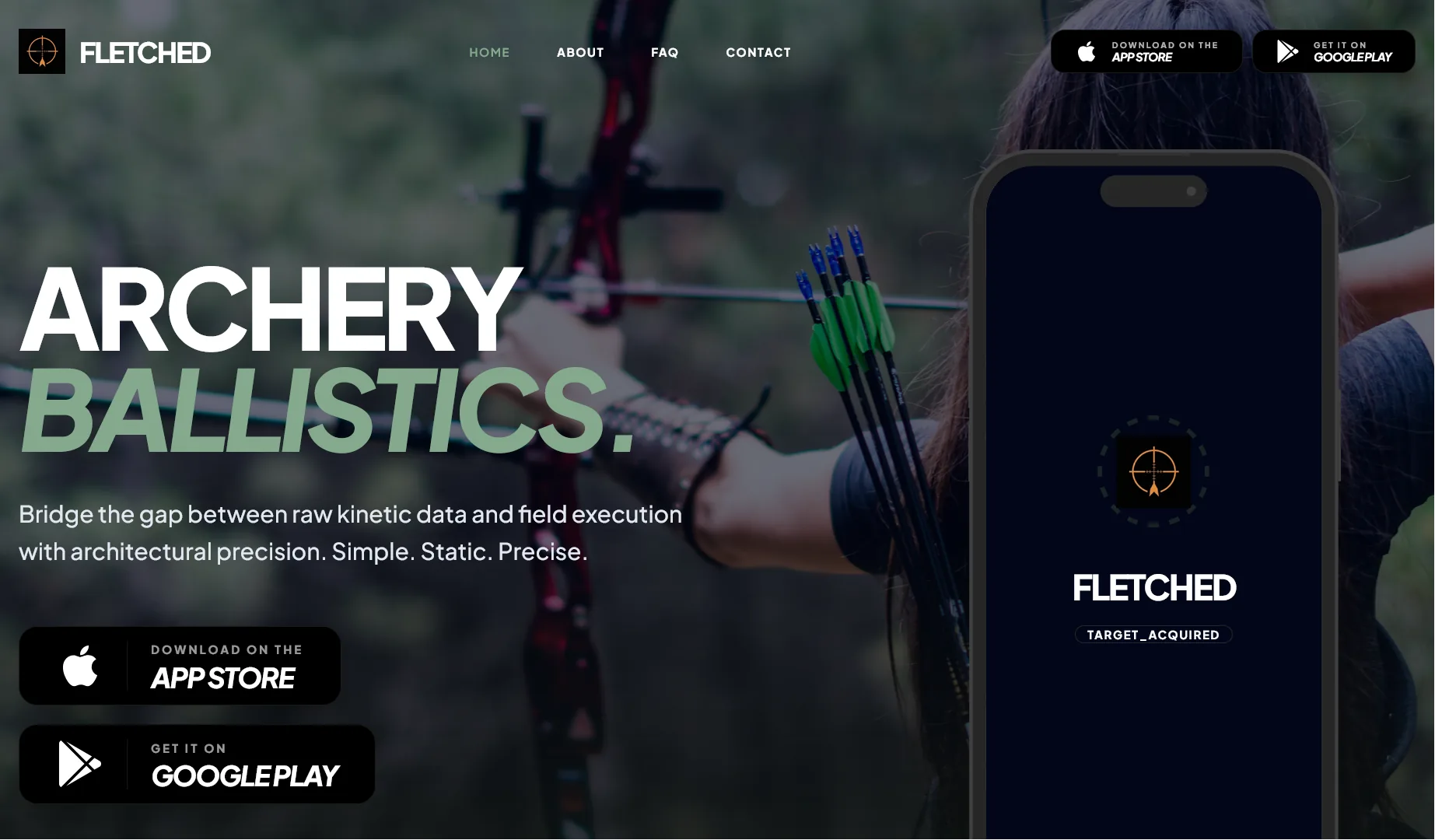 Fletched marketing site: an archery ballistics hero with an iPhone showing the app icon, over a photo of an archer at full draw.