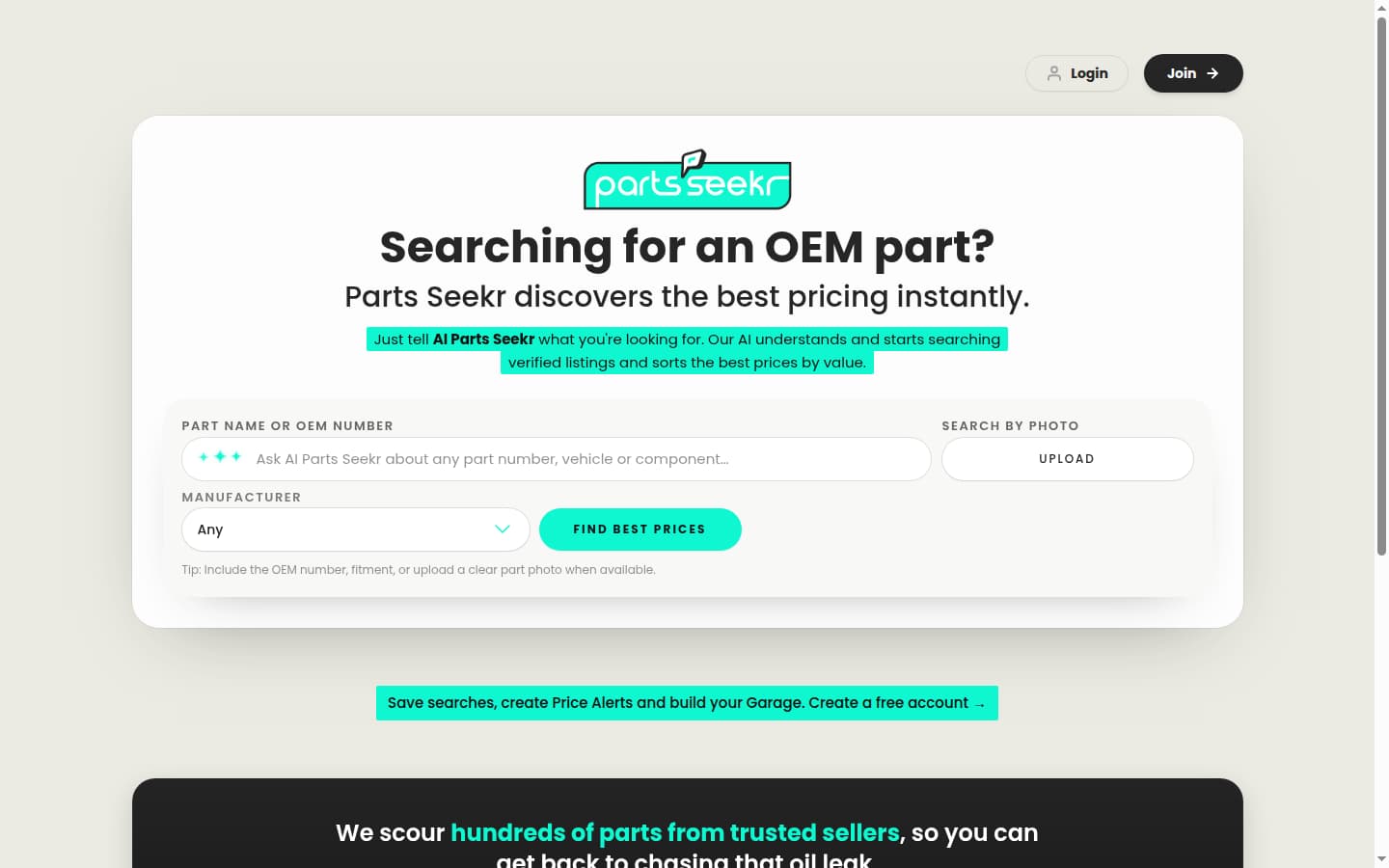 Parts Seekr home page: a search field for a part name or OEM number, a photo upload option, a manufacturer filter and a Find Best Prices button.