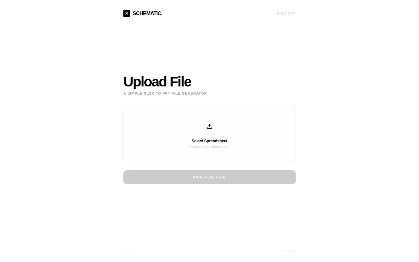 Schematic upload screen: a Select Spreadsheet control and a disabled Analyse File button, on a white page with a minimal header.